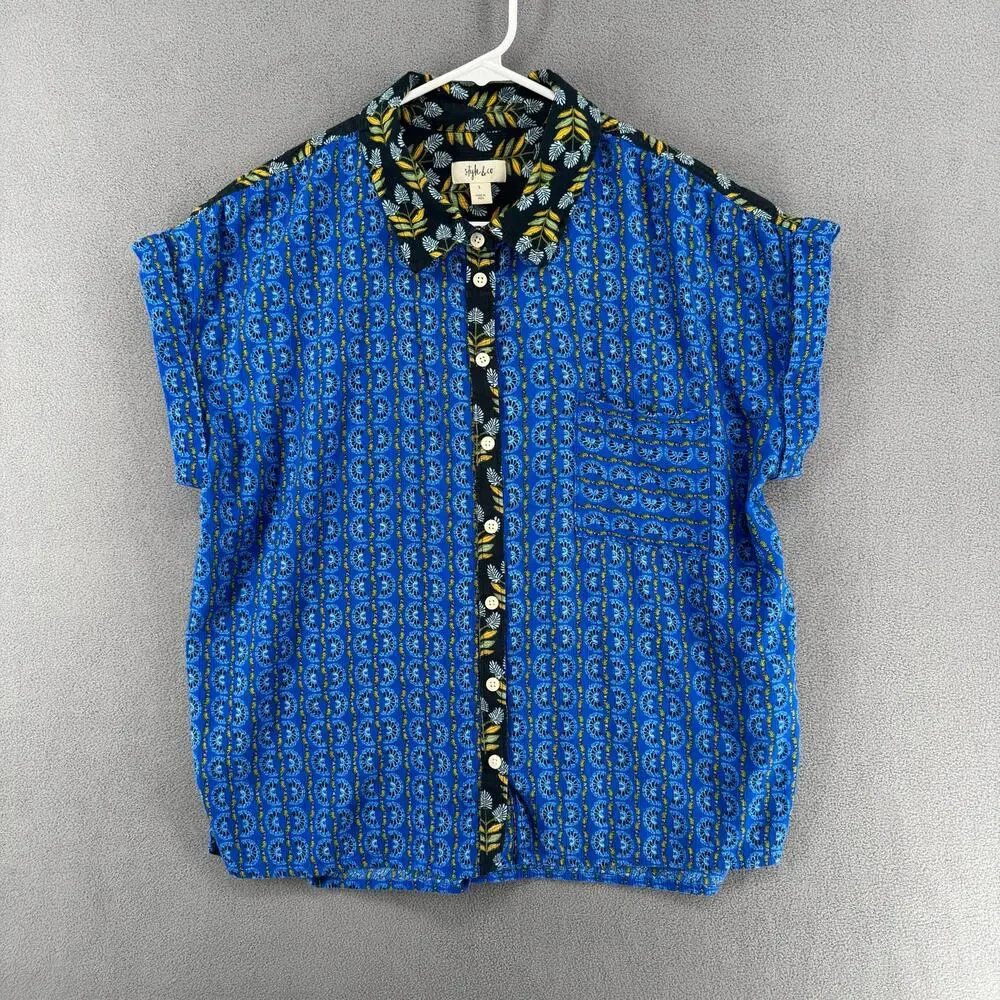 Style Co Bohemian Sleeveless Button Down Shirt Womens L Blue Boho Cotton Viscose